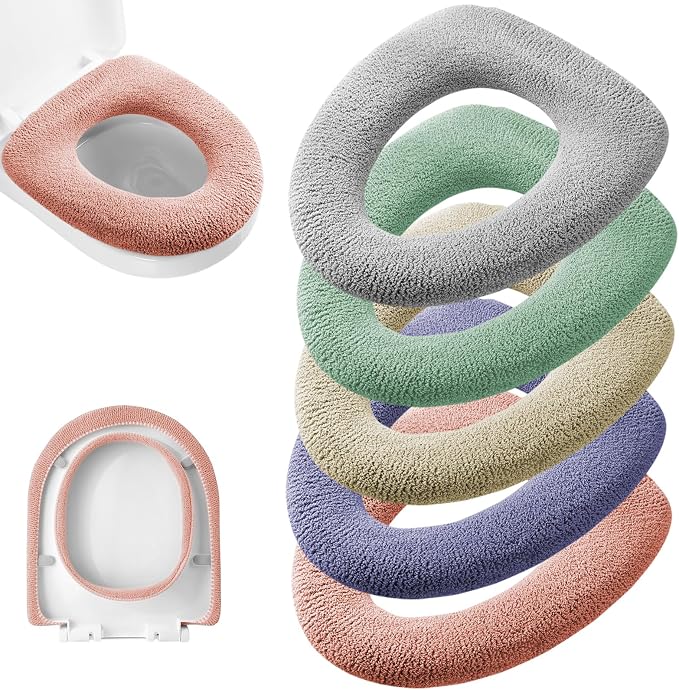 Legigo 5 Pack Toilet Seat Cover, Soft Toilet Seat Warmer Pads for Bathroom | Warmth, Comfort & Easy to Install, Toilet Seat Cushion Covers, Washable and Stretchable(Knit Elongated Light)