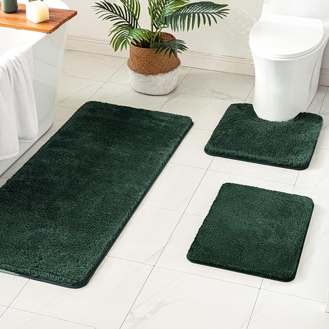 MIULEE Dark Green Bathroom Rugs Set 2 Piece Soft Bath Mats 20x24+16x24 Inch | Absorbent Microfiber Bath Mat and U-Shaped Toilet Rug, Non Slip, Quick Dry, for Bathroom Floor Tub Showers, Machine Washable