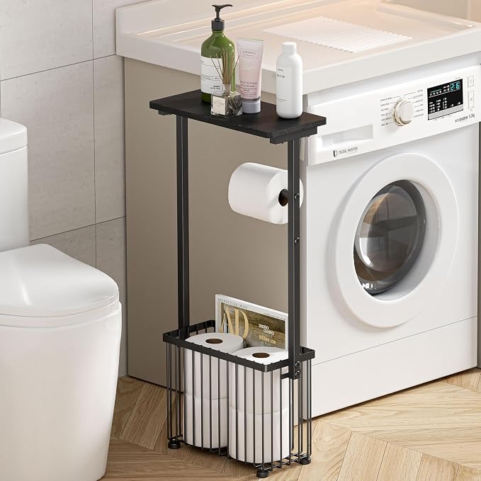 Free Standing Toilet Paper Holder with Storage Shelf – Bathroom Tissue Stand with Space for Phone, Wet Wipes and Magazines – All-in-One Toilet Roll Dispenser and Organizer Holds 4-6 Rolls