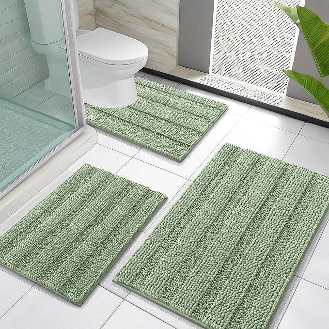 OLANLY Thick Chenille Bathroom Rugs Sets 3 Piece, 30"x20"+24"x16"+24"x20" | Sage Green, Absorbent Bath Mats and U-Shaped Contour Toilet Rug, Home Decor Accessories, Bath Mat Set for Bathroom