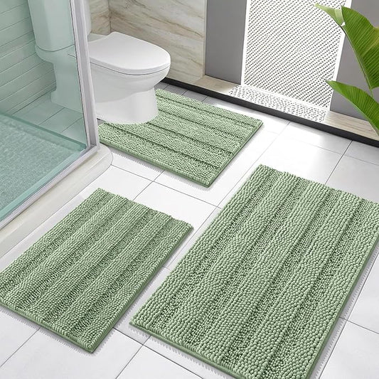 OLANLY Thick Chenille Bathroom Rugs Sets 3 Piece, 30"x20"+24"x16"+24"x20" | Sage Green, Absorbent Bath Mats and U-Shaped Contour Toilet Rug, Home Decor Accessories, Bath Mat Set for Bathroom