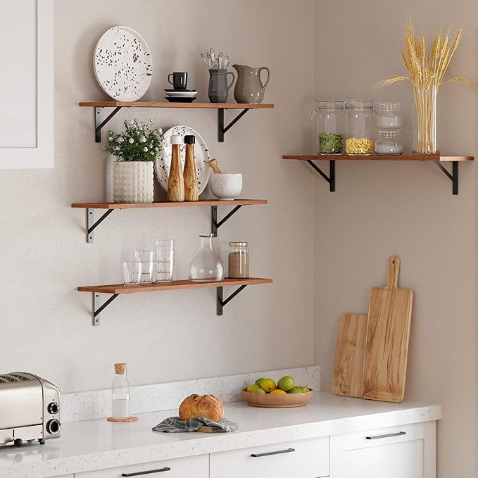 DINZI LVJ Wall Shelves, 23.6 x 7.9 x 6.1 Inch Floating Shelves for Wall, Easy-to-Install Wall Storage Ledges with Sturdy Metal Brackets for Living Room, Bathroom, Kitchen, Rustic Brown
