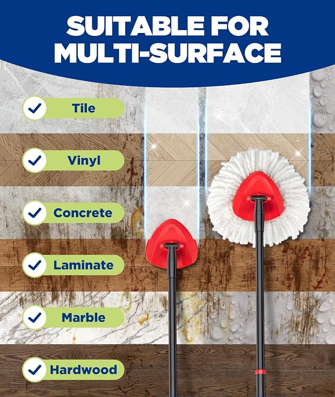 6-in-1 Mop Heads Replacements for O Cedar EasyWring 1 Tank System, Includes 1 Base | 2 Scrub Brush Heads | 3 Spin Mop Heads, Full Set Mop Replace Heads for Cleaning Home, Bathroom & Kitchen
