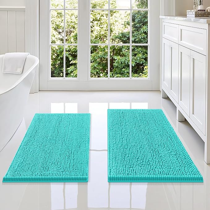Smiry Chenille Bathroom Rugs Sets 2 Piece (34x21+30x20, Turquoise) | Soft Absorbent Machine Washable Non Slip Shaggy Bath Rug Set for Tub, Shower, and Floor, Home Decor