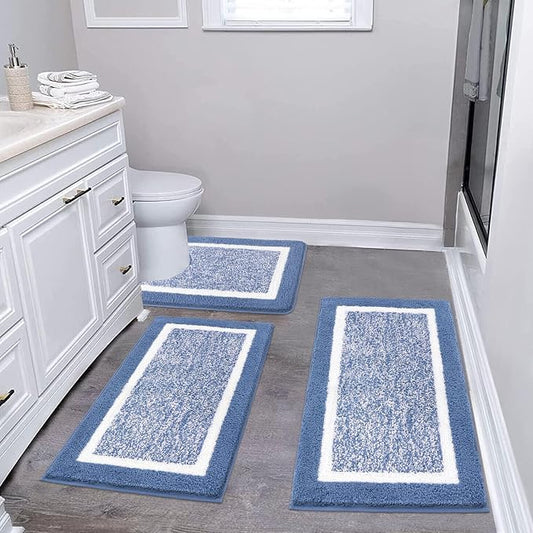 Pauwer 3 Piece Bathroom Rug Set, Non Slip Washable Bath Mat, Blue | Soft Plush Microfiber, Super Absorbent Floor Carpet, U Shaped Toilet Mats, Quick Dry, Shaggy Shower Rugs Runners