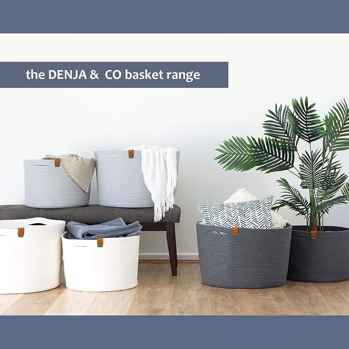 DENJA & CO Large Blanket Basket for Living Room - Decorative Woven Baskets for Storage | Cotton Rope Large Baskets for Blankets, Pillows, Toys, or Laundry | Light Gray (17.7" Wide x 11.4" Tall)