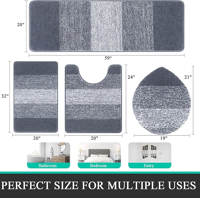 Bsmathom Bathroom Rug Set 4 Piece, Plush Microfiber Bath Mat, Dark Gray | Extra Water Absorbent, Non Slip Washable Runner Bath Rugs with Toilet Lid Cover and U-shaped Contour Toilet Mat