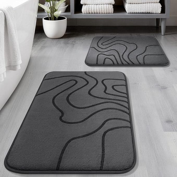 YIHOUSE Memory Foam Bathroom Rugs Sets 2 Piece, 32"x20"+24"x17", Dark Grey | Ultra Soft, Extra Thick Bath Mat, Absorbent, Non-Slip, Machine Washable, For Tub, Shower & Home Decor Accessories
