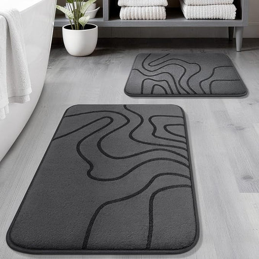 YIHOUSE Memory Foam Bathroom Rugs Sets 2 Piece, 32"x20"+24"x17", Dark Grey | Ultra Soft, Extra Thick Bath Mat, Absorbent, Non-Slip, Machine Washable, For Tub, Shower & Home Decor Accessories