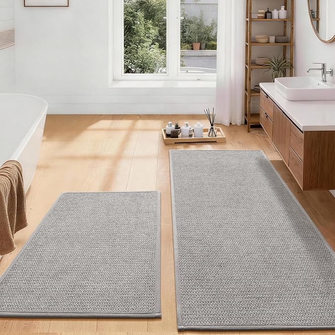 Long Large Bathroom Rugs Sets 2 Piece, Quick Dry Thin Bath Mat, Non Slip Absorbent Machine Washable, Bath Runner Rug for Tub Sink Home Decor (24"x36" + 24"x59",Gray)