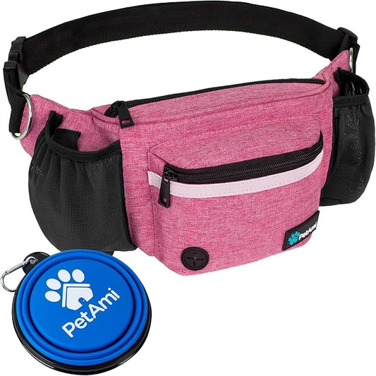PetAmi Dog Fanny Pack, Treat Pouch for Dog Walking Training, Pink | Built in Poop Bag Dispenser, Water Bottle Holder, Collapsible Bowl, Pet Treat Waist Belt for Hiking Running Kibbles