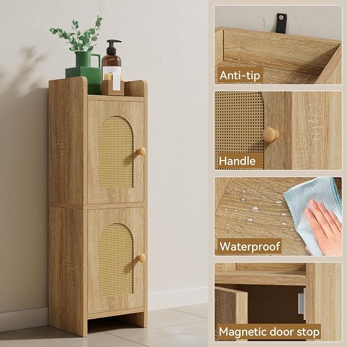 IBUYKE Small Bathroom Storage Cabinet with Rattan Door, Narrow Toilet Paper Storage Holder,Floor Cabinet with Adjustable Shelves, Space-Saving Organizer for Toiletries UWBS001N