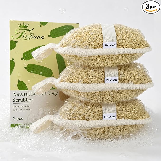 Premium Egyptian Natural Loofah Sponge 100% Plant-Based Exfoliating Body Scrubber Dye-Free Biodegradable Shower Pouf Deep Cleansing for Body Back and Face, Women & Men (3 Pack)