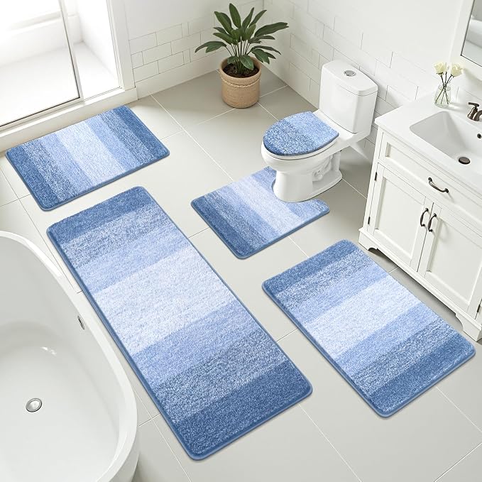 Bsmathom Bathroom Rug Set 5 Piece, Plush Microfiber Bath Mat, Light Blue | Extra Water Absorbent, Non Slip Washable Runner Bath Rugs with Toilet Lid Cover and U-shaped Contour Toilet Mat