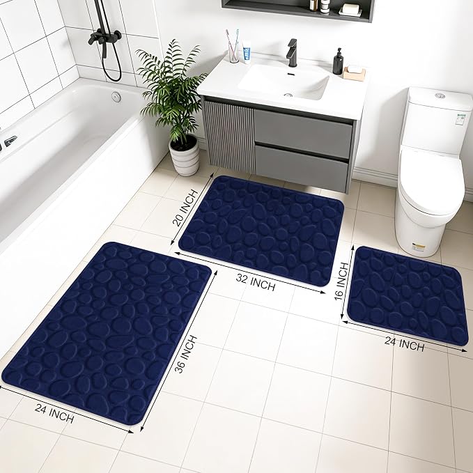 Stone Bath Mats, Non-Slip Memory Foam Bath Rugs, 24x36 DarkBlue | TPR Rubber Backing,Ultra Soft,Highly Absorbent,Machine Washable,Quick Dry for Tub and Shower, Home Decor Accessories