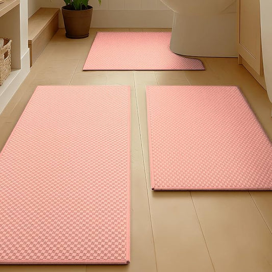 YIHOUSE Bathroom Rugs Sets 3 Piece Non Slip Washable, Absorbent Quick Dry Bath Mat Set with Toilet Mat, Weave Texture Low Profile Bath Rugs, Floor Mats for Bathroom, Tub & Shower, Pink