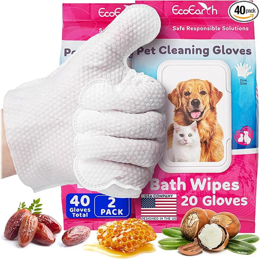 Premium Pet Cleaning Gloves for Dogs & Cats - 2 Bags 20 Pcs each - Disposable Glove Wipes for Bathing, Deodorizing & Grooming - Dog Bath Mitts for Paws, Fur, Face & Butt - Hypoallergenic + Lick Safe