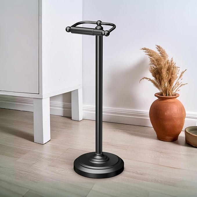 Gatco 1436MX Toilet Paper Holder Stand, Weighted Base, Matte Black, Freestanding Bathroom Floor Stand, 22 Inch