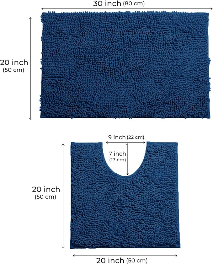 Bathroom Rugs Sets 2 Piece, Luxury Chenille Bath Mat Set, Soft Plush Anti-Slip Bath Rug + U-Shaped Toilet Mat. Microfiber Shaggy Carpet, Super Absorbent. (31''x 20'' Plus 20'' x 20'' U, Blue)