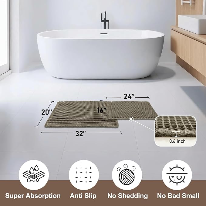 JIUZHEN Set of 2 Waffle Bath Mats Boho Bath Rugs 16x24&20x32, Olive Green | Non Slip, Super Absorbent, Washable, Ultra Soft, Fast Drying Waffle Bathroom Rugs for Bathroom Floor, Tub, Shower