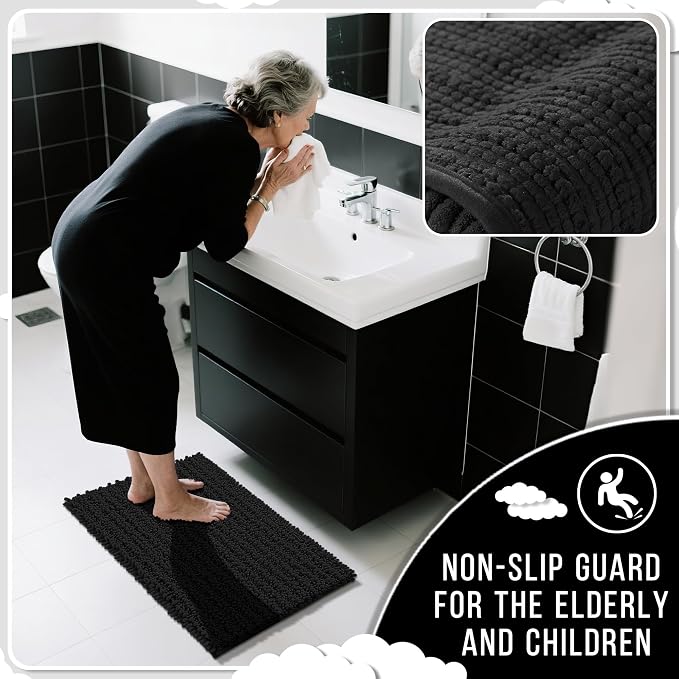 Yimobra Bathroom Rugs Sets 2 Piece - Quick Dry Extra Thick Luxury Chenille Bath Mat, Non Slip Super Absorbent for Tub Shower Sink, Machine Washable Shaggy Floor Mat, 32"x20"+24"x20" Inch, Black
