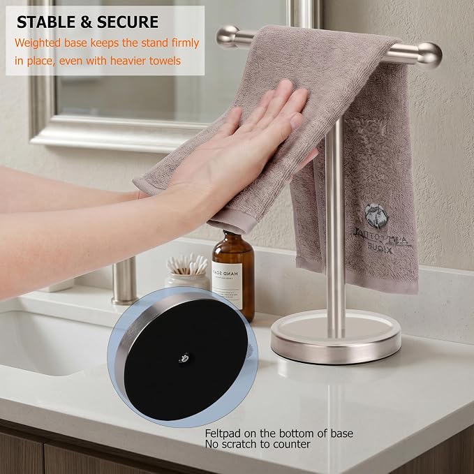 Hand Towel Holder Stand with Heavy Stainless Steel Base, T-Shape Towel Rack, Free-Standing Towel Holder Countertop for Bathroom (Brushed Nickel)