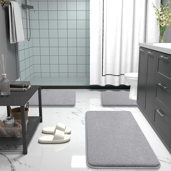 OLANLY Memory Foam Bathroom Rugs Mats Sets 2 Piece, 24"x16"+30"x20", Grey | Ultra Soft Quick Dry Bath Rugs, Non-Slip, Machine Washable Absorbent Bath Mats for Bathroom, Shower, Home Decor Accessories
