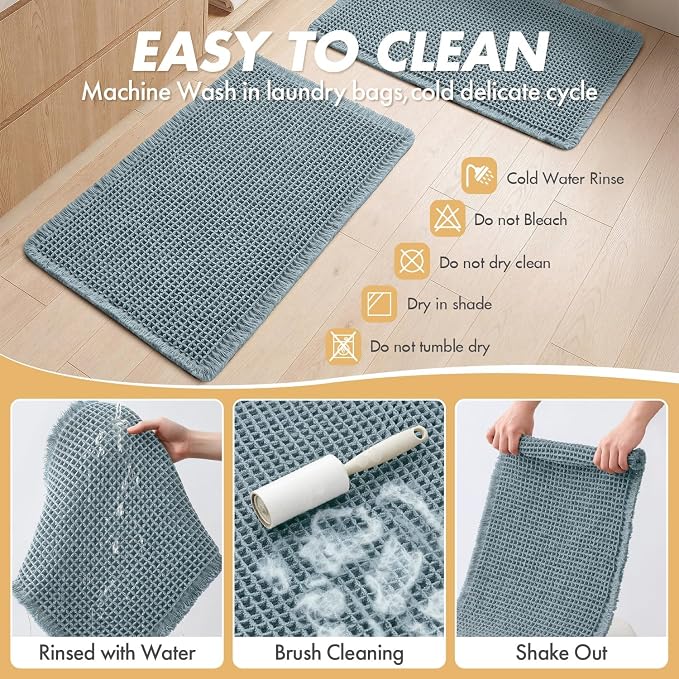 MIULEE Set of 2 Waffle Bathroom Rugs Dusty Blue Bath Mat 17"x24"+18"x30" | Non Slip, Super Absorbent, Washable, Ultra Soft, Rubber Backed, Small Boho Bath Rugs for Bathroom Floor Tub Shower