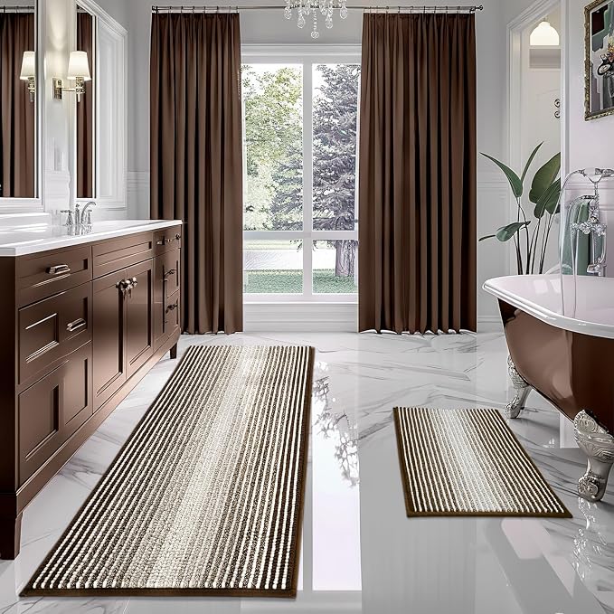 BSICPRO Bathroom Rugs Sets 2 Piece, Non Slip Striped Bath Mats, Brown | 20"x60" Plus 20"x32", Soft Absorbent Chenille, Quick Dry Machine Washable, Shower Rug for Bathroom Floor, Tub, Bedroom Decor