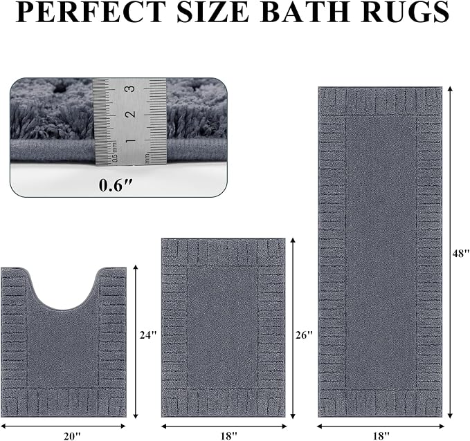 Pauwer Bathroom Rugs Sets 3 Piece, Microfiber Bath Mat Set, Dark Grey | Non Slip Washable, Soft Plush, Extra Absorbent Bath Mats, U Shaped Contour Toilet Rug for Bathroom