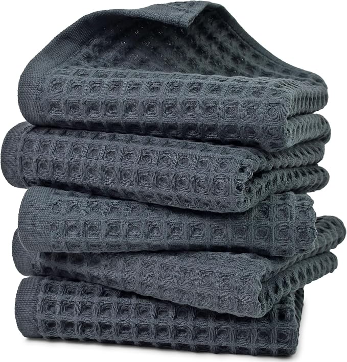 Jacquotha Waffle Hand Towels for Bathroom 5-Piece (Charcoal Blue) | Cotton Quick Dry Lint Free Face Towels 13” x 29”