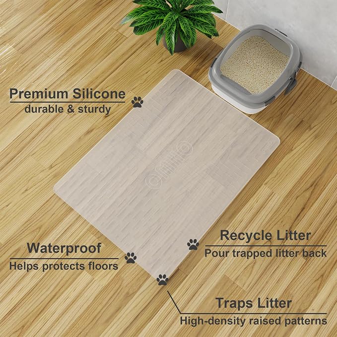 Large Cat Litter Mat, 31.5x23.6 Semi Transparency, Premium Silicone Rubber, Waterproof & BPA-Free, Traps Litter, Easy to Clean, Keeps Floors Tidy
