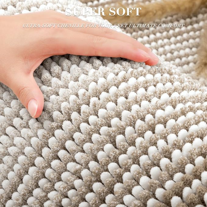 Bathroom Rugs Sets 2 Piece, Non Slip Boho Bath Mats, Light Taupe | 20"x47" Plus 16"x24", Soft Absorbent Striped Chenille, Quick Dry Machine Washable, Shower Rug for Bathroom Bedroom Décor