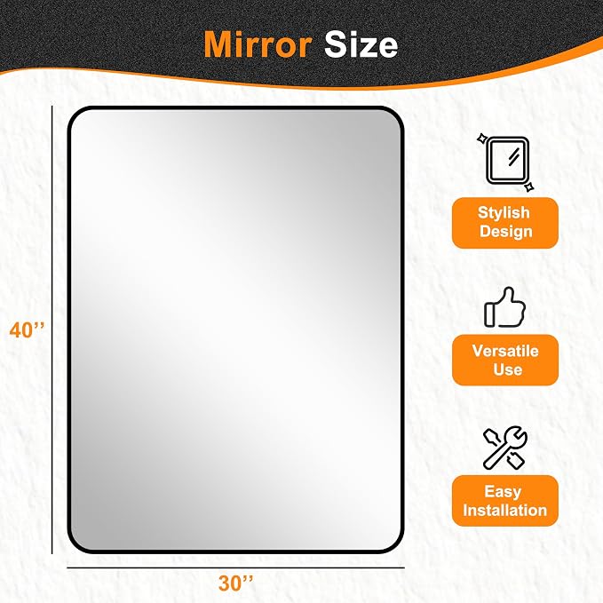 Delma Bathroom Vanity Mirror, Black Framed Mirror for Over Sink, 30x40 | HD glass, distortion-free for makeup and grooming, Sturdy frame, all mounting hardware, hangs horizontal or vertical