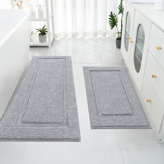SHACOS Soft Microfiber Bathroom Rugs Set of 2 Pieces, Light Grey | 47x20 + 32x20, Absorbent Plush Bath Rugs, Non Slip Washable Shaggy Bath Mats, Fluffy Bathroom Runner Floor Mats Shower Rug