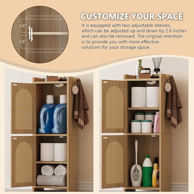 Arbuxzuy Rattan Bathroom Storage Cabinet,Corner Floor Cabinet with 2 Doors and Adjustable Shelf, Narrow Toilet Paper Cabinets with 2Hooks,Toilet Organizer for Small Spaces,7.87"D*9.84"W*29.72"H Oak