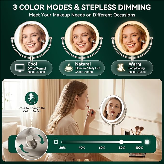 Auxmir 9" 5000mAh Maginfying Mirror, 9" 1X/30X Lighted Makeup Mirror | rechargeable battery, 3 dimmable colors, 360° rotation, stable base, brushed nickel, 30X magnification with 2 tweezers