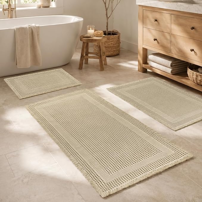 Waffle Bath Mat, Non Slip Bathroom Rugs Mats Set, Super Absorbent Quick Dry Bath Mats for Bathroom, Machine Washable Boho Rugs with Tassels,17"x24"+24"x36"+24"x48" (Brown)