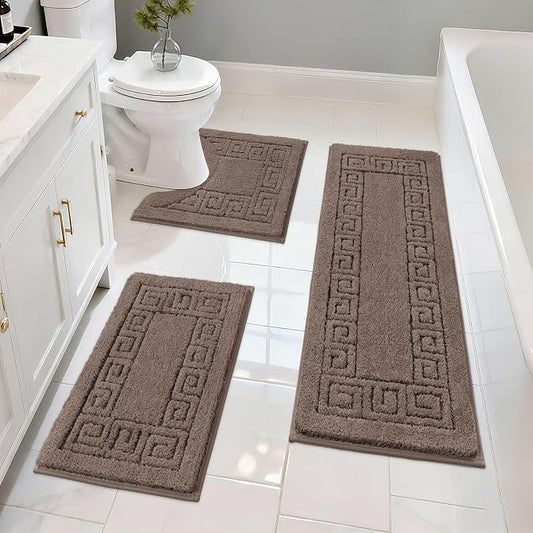 Pauwer Bathroom Rugs Sets 3 Piece, Plush Absorbent Bath Rug, Coffee | Microfiber Bath Mat Set, Non Slip Washable, Quick Dry Floor Carprt, Soft U Shaped Toilet Mats For Bathroom Shower Sink