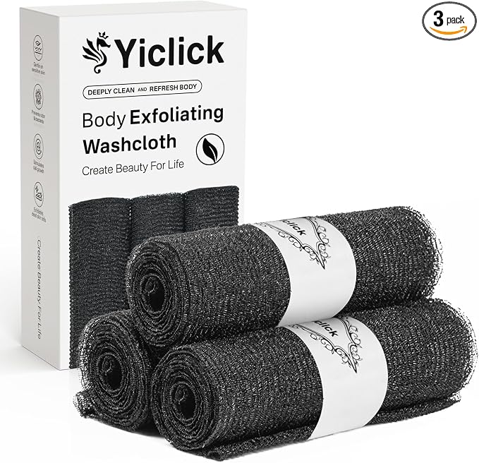 Exfoliating Washcloth Towel, Japanese Exfoliating Wash Cloth, Korean Body Scrubber Exfoliator, Back Scrubber Washer for Shower Bath, Body Scrub African Net Sponge Loofah Luffa (Black)