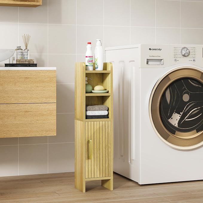 Small Bathroom Storage Corner Floor Cabinet Narrow Toilet Paper Cabinet with Adjustable Shelves Wooden Slim Bathroom Organizers and Storage with Fluted Door for Small Spaces, Wood