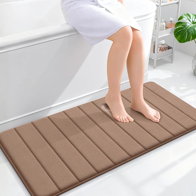 OLANLY Memory Foam Long Bathroom Rugs Runner 44x20, Super Soft Absorbent | Mocha, Quick Dry Bath Mat, Machine Washable Shower Floor Rugs, Bathmat Carpet for Bathroom Floor, Tub and Shower