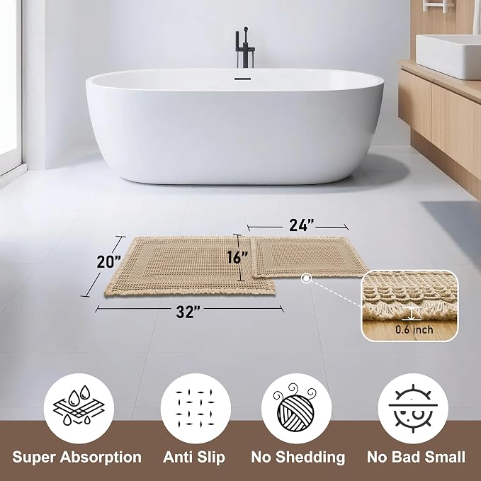 JIUZHEN Set of 2 Waffle Bath Mats Boho Bath Rugs 16x24&20x32, Loop-Brown | Non Slip, Super Absorbent, Washable, Ultra Soft, Fast Drying Waffle Bathroom Rugs for Bathroom Floor, Tub, Shower