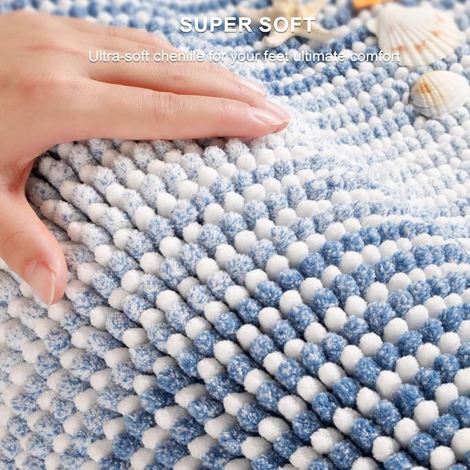 Bathroom Rugs Sets 2 Piece, Non Slip Striped Bath Mats, Sky Blue | 20"x60" Plus 20"x32", Soft Absorbent Chenille, Quick Dry Machine Washable, Shower Rug for Bathroom Floor, Tub, Bedroom Decor