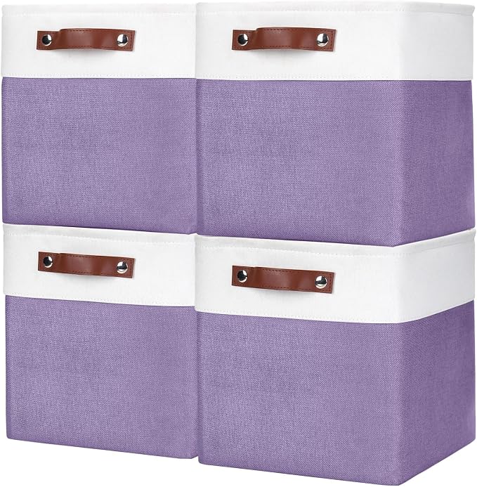 Bagnizer Collapsible Fabric Storage Cubes 11x11 Cube Storage Bins, 4 Pack Closet Baskets Box with Handles for Organizing, Shelf, Toys, Clothes, Home, Office, Nursery (Purple&White)
