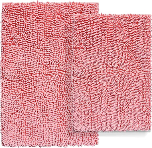RUN HELIX Pink Bath Rug Set 2 Piece, Thick Soft Absorbent Chenille, PVC Backing Quick Dry Microfiber Mats, Machine Washable Mats for Shower Floor, Shaggy Bathroom Runner Bathmat Accessories Decor