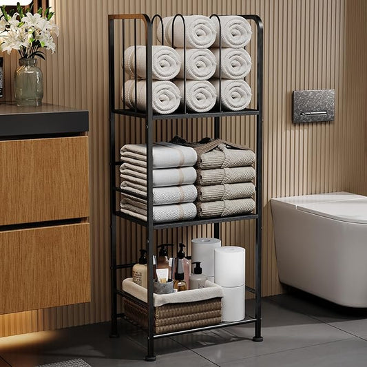 Towel Rack Free Standing 3-Tier M-Shaped Detachable Dividers, Durable Metal Holder, Pool Towel Rack, Space-Saving Towel Storage Organizer, Modern Bath Towel Shelf for Home, Poolside, Black