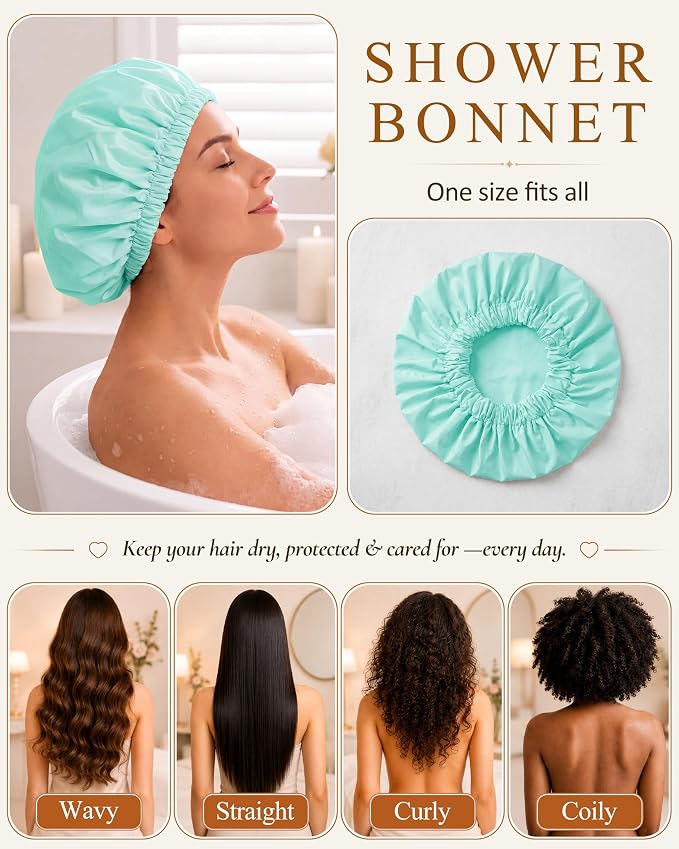 Edoneery Shower Caps for Women Reusable Waterproof, Shower Hair Cap | Washable Bonnet, Wide Elastic Band, Large Fit, Holds Long Hair, Braids Friendly, Bath Accessories, Spa, Travel