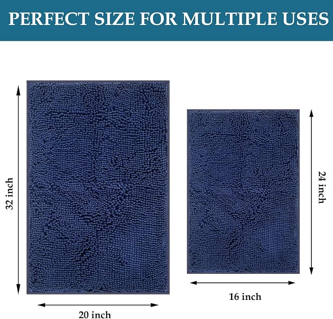 RUN HELIX Navy Blue Bathroom Rug Mat Set, Extra Thick and Absorbent Chenille Soft Plush Shaggy Non-Slip Bath Mats, Washable for Bathrooms, 24x16+20x32 Inch