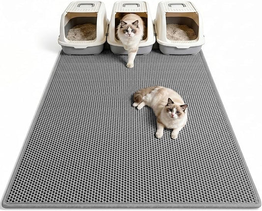 Pieviev Cat Litter Box Mat, Double-Layer Urineproof Design, 47" x 36" Gray | Honeycomb Litter Trapping Mat Captures Scattered Particles to Stop Tracking, Waterproof Base Protects Floors, Easy to Clean
